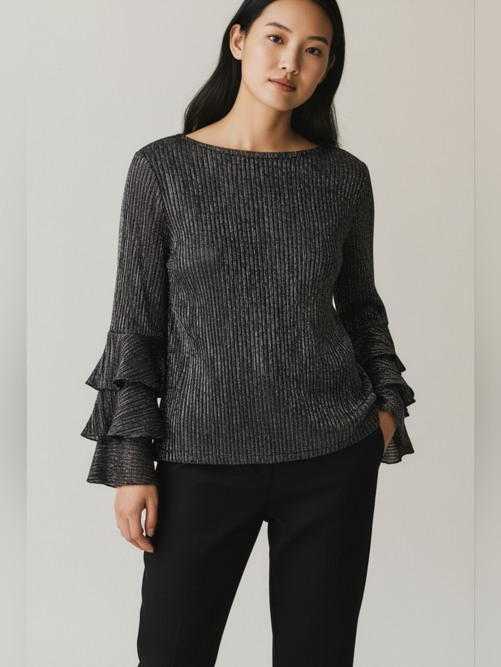 Alfani Metallic Black Blouse with Ruffle Sleeves